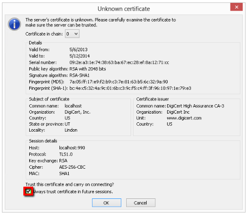 FileZilla - SSL Installation Using Digicert Certificate Utility.