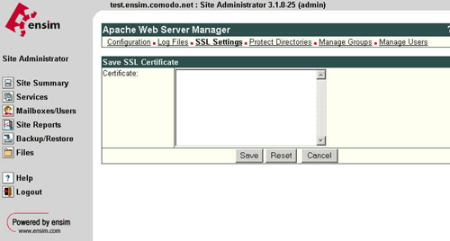 SSL Certificate on Ensim Control Panel